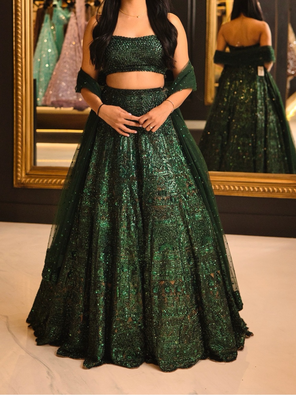 Elegant Green Sequin Bridal Lehenga Set